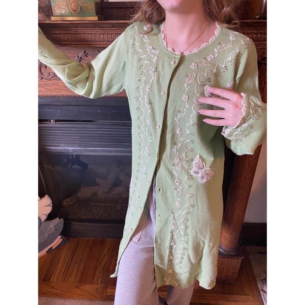 Vintage 90s Storybook Sage Green Butterfly Lace Embroidered Long Cardigan NWT